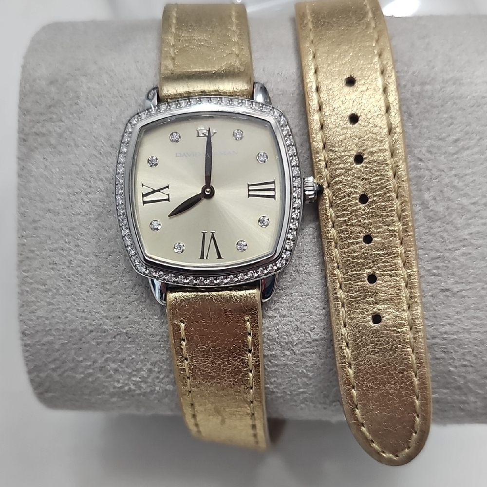 David Yurman Gold/diamond Leather Strap Watch with Silver Accents
